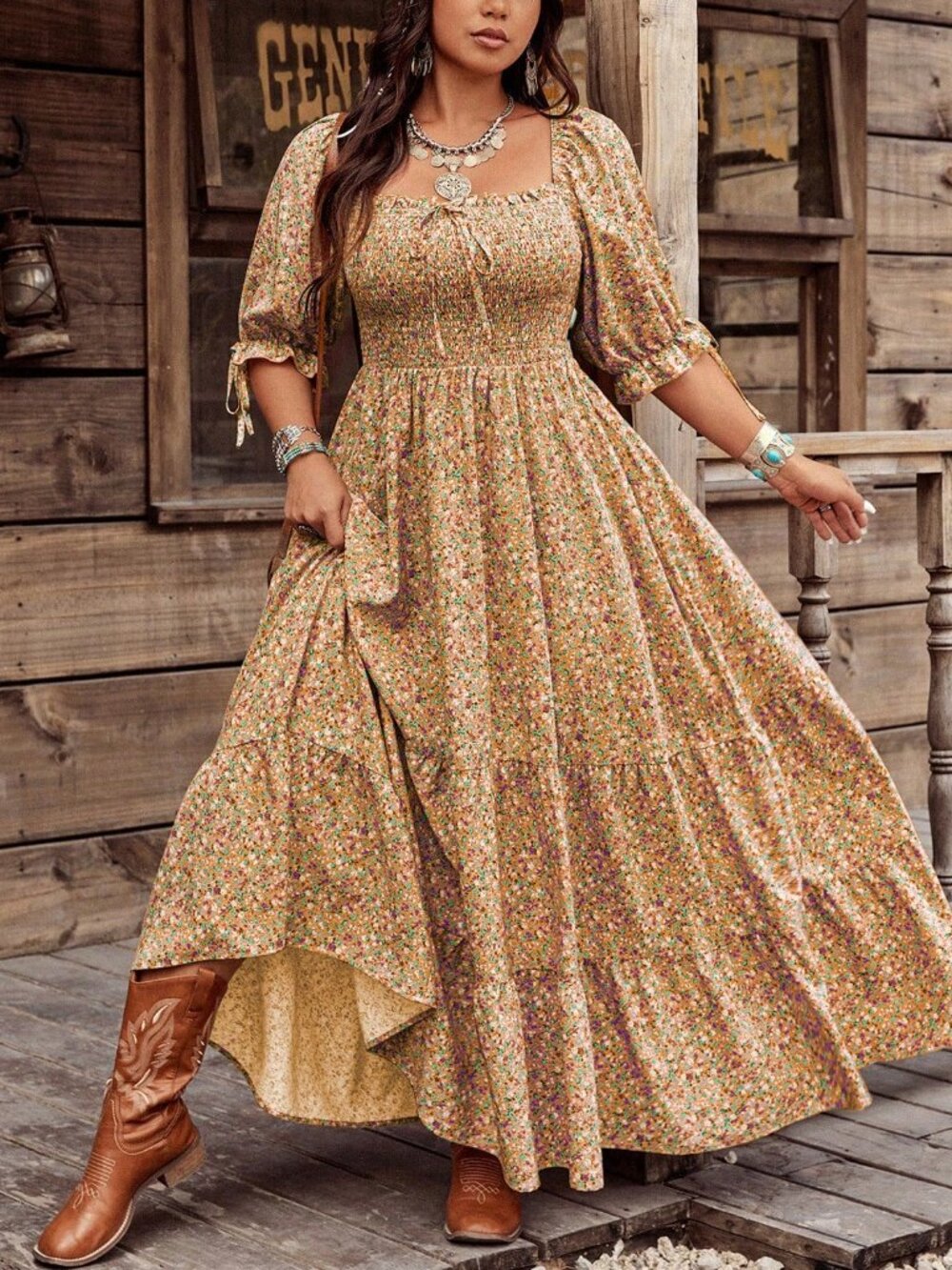 Boho Women's Plus Size Square Neck short sleeve Floral Maxi Dress